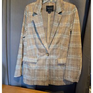 Sanctuary Classic Brown Houndstooth Plaid Blazer Stretchy Knit, Oversized Small